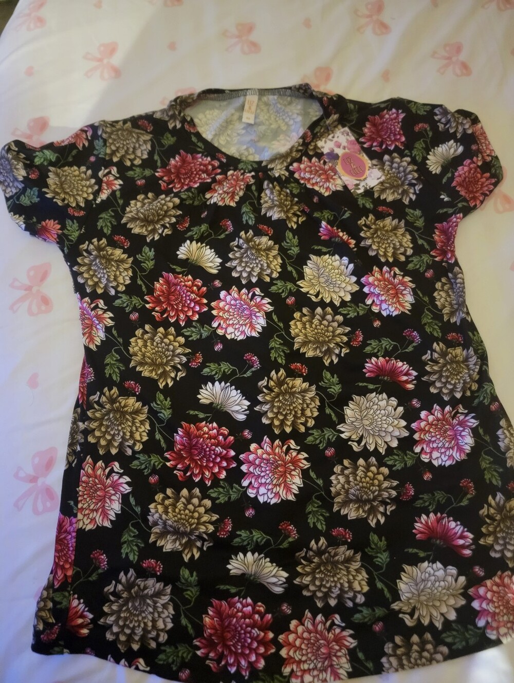 Woman's Floral Short-Sleeve Top - Black with Pink, Red & Gold Flowers